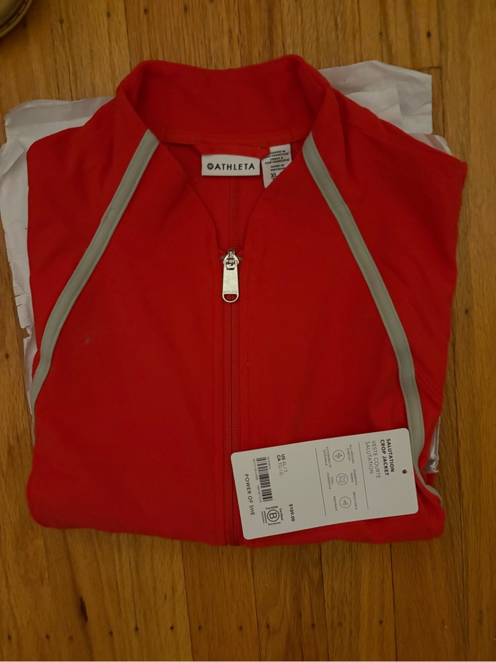 Athleta Bright Red Zip-Up Salutation Crop Jacket with Reflective Piping